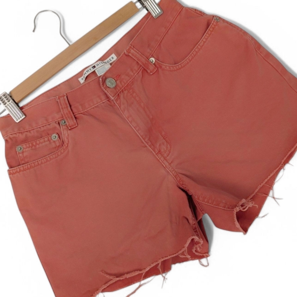 TOMMY HILFIGER Cutoff Shorts Red Denim High Rise Raw Hem 4